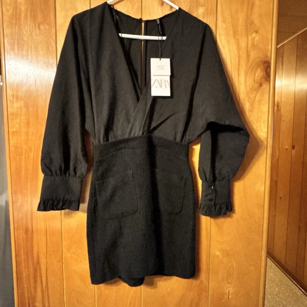 Zara Women XS Black Contrasting Tweed Surplice V-Neck Long Sleeve Dress